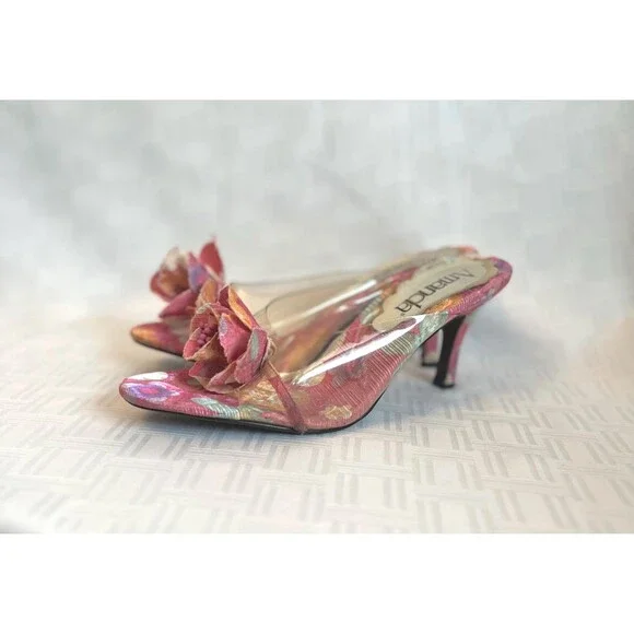 Amanda PinaColada Pink Orange Floral Mules | Leather Sole Fabric Heels 9.5W - Picture 2 of 11